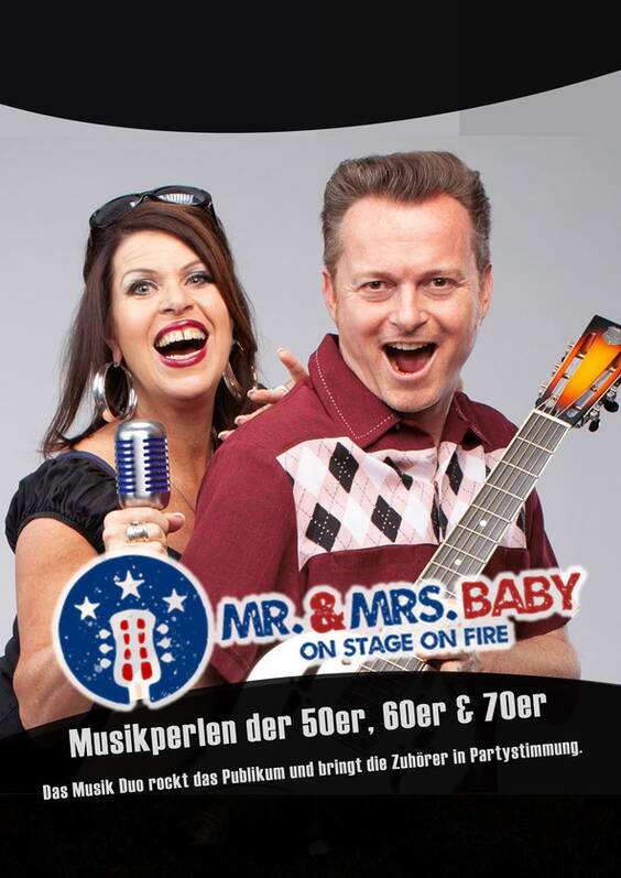 Mit MR. & MRS. BABY, Engagieren Sie eine Party - Coverband aus der Schweiz.

Unser Musikstil: Wir spielen das Beste aus den 50iger, 60iger & 70iger Jahre. Die Berufsmusiker sorgen mit einem riesigem Repertoire an Ihrer Hochzeit, Firmenanlass, Geburtstagsfest, Rock 'n Roll Party, Konzert oder wo es auch immer etwas zu Feiern gibt, für Top Stimmung und Unterhaltung Pur. Wir verfügen über drei verschiedene Grössen von PA - Anlagen um Ihren Anlass Optimal zu Beschallen. Sie müssen sich also nicht mehr darum kümmern und haben keine Zusatzkosten für die Technik. 